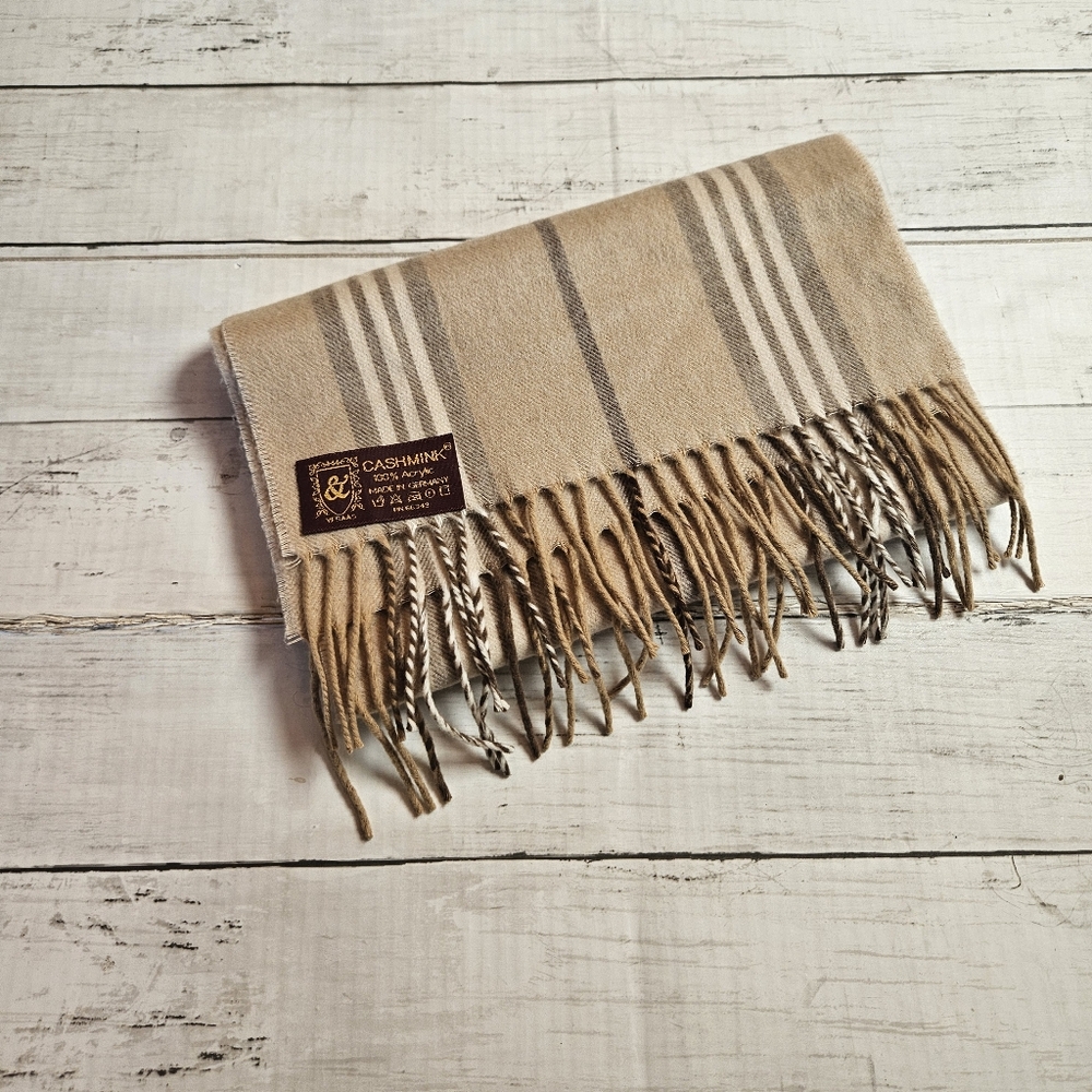V Fraas Scarf Striped Tan‎ Cashmink Made Germany Long Fringe Soft Warm